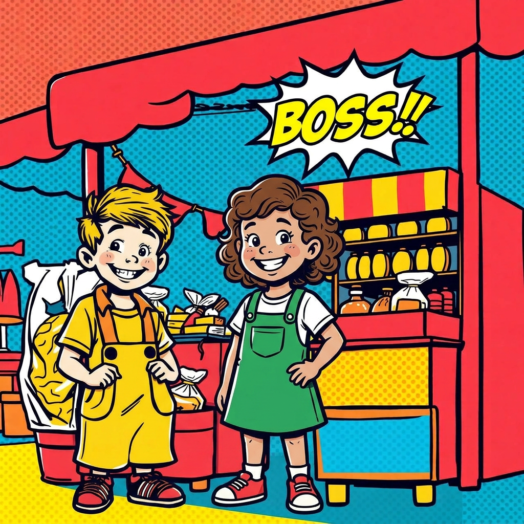 Pop-art illustration of a girl and boy young entrepreneur duo running a colorful market booth